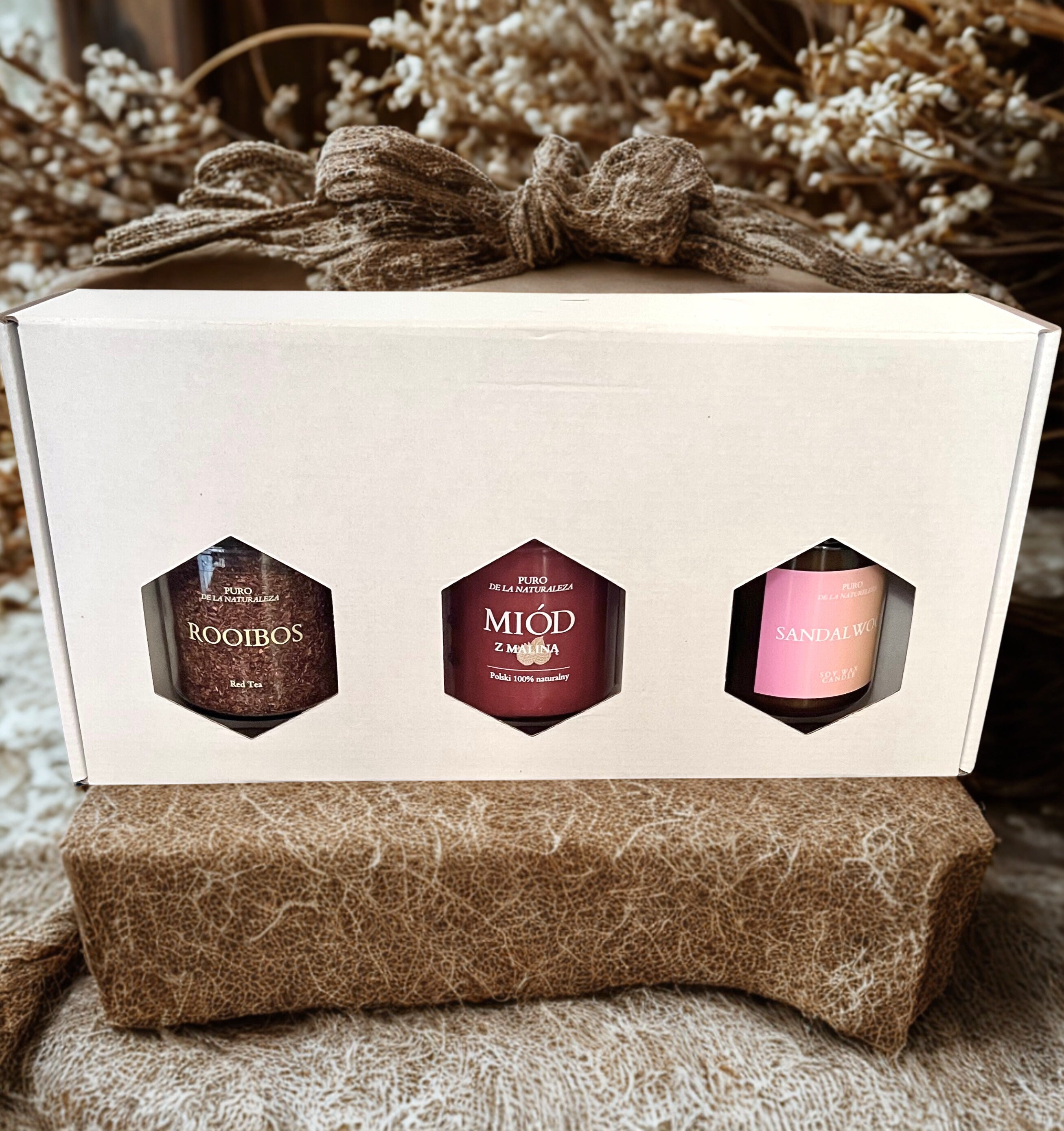 Zestaw Prezentowy dla Kobiet - Rooibos, Miód z Maliną & Świeca Drzewo Sandałowe